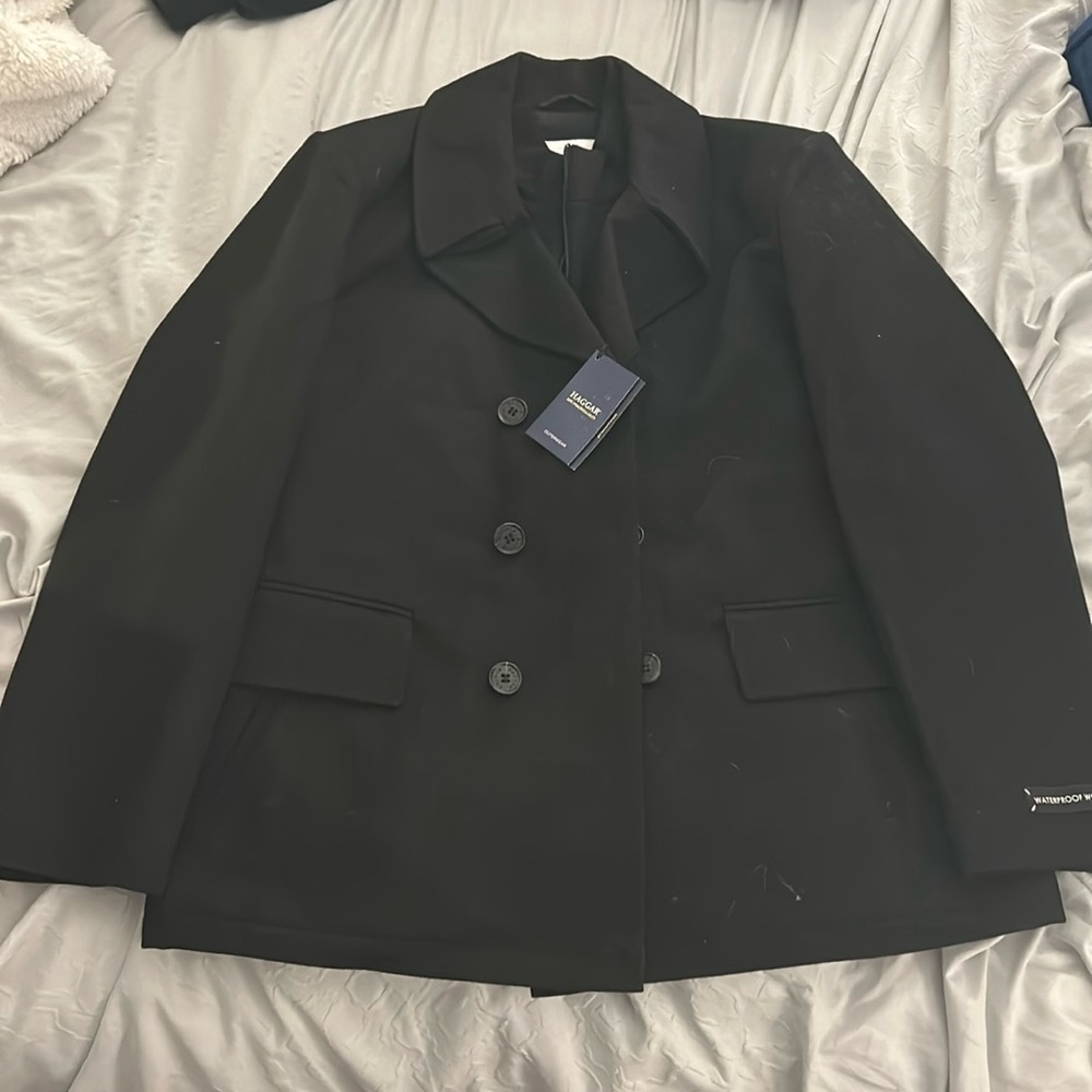 Haggar Black Men's Waterproof Wool Double Breasted Peacoat with Bib. NWT